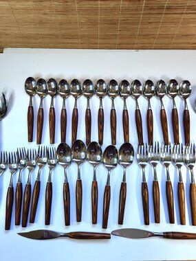Mode Danish Stainless Japan Teak Flatware Set 35 Pc Mid Century Modern MCM